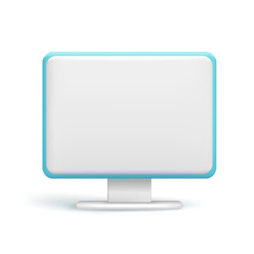 Realistic 3d blue and white computer monitor with empty screen. Glossy 3d cartoon laptop, monoblock monitor, desktop computer icon, PC monitor. Vector illustration isolated on white background