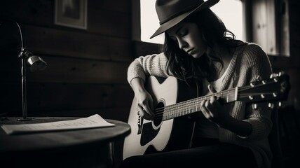Woman playing guitar in black and white - obrazy, fototapety, plakaty