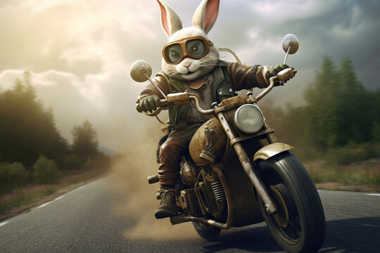 cute bunny riding a motorcycle  , 3d rendering,  AI generative