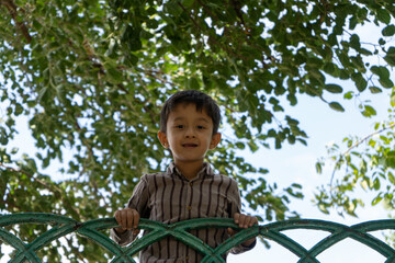 Portrait of a cute 7 year old boy in natural light. Distorted wide angle view. Selective focus.
