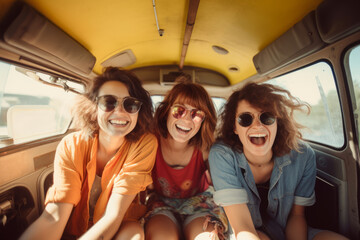 Group of happy young women sitting in a camper van. Girl friends having fun on a road trip on sunny summer day.