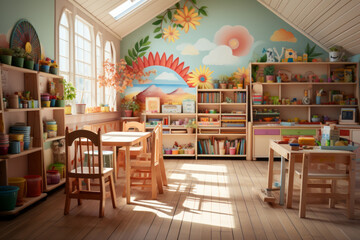 Stylish wooden interior of bright modern playroom in kindergarten on sunny day.