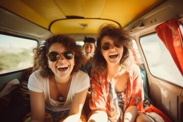 Group of happy young women sitting in a camper van. Girl friends having fun on a road trip on sunny summer day.