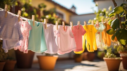 Colorful children's clothes are dried on the clothesline in the garden outside in the sun.