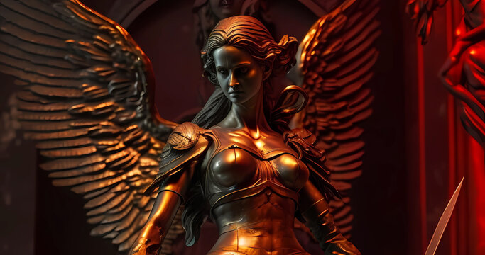 Beautiful queen statue of dark in middle age castle. Girl warrior with