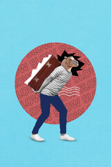 Vertical collage image of camel head guy arms carry valise walk slow isolated on creative turquoise...