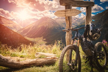 MTB Bike with mountains in the background. Bike trip in the mountains.