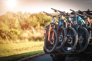 Transportation of bicycles on a pickup truck. Transportation of mountain bikes. - 640676782