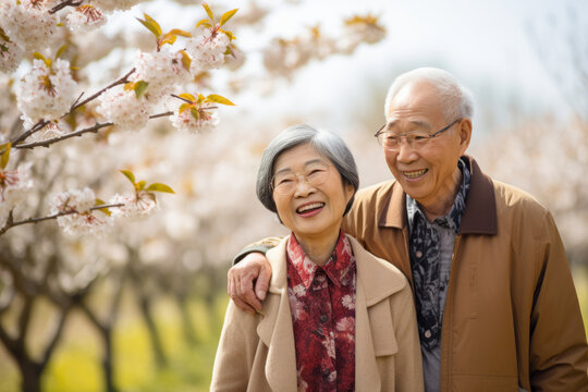 Happy senior asian couple walking a blossoming sakura park on spring evening. Retired husband and wife having fun outdoors. Retirement hobby and leisure activity for elderly people.