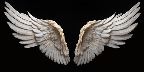 Wing of grace. Celestial dance of angels. Heavenly embrace. Angelic feathers in flight. Ethereal beauty. White wings on black background isolated - obrazy, fototapety, plakaty