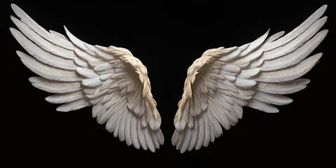 Fotobehang Wing of grace. Celestial dance of angels. Heavenly embrace. Angelic feathers in flight. Ethereal beauty. White wings on black background isolated © Bussakon