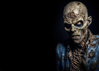 halloween evil zombie isolated on black background with copy text space