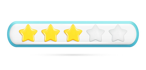 Realistic 3d rating feedback with 3 golden stars and deepening of two gray. Customer 3d quality review, user rating, feedback score, five-point scale. Vector illustration isolated on white background