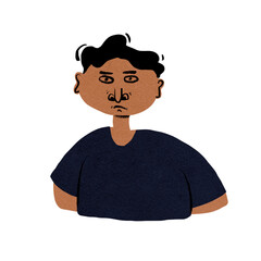 Male character with confused, angry, disappointed or skeptic look on his face.