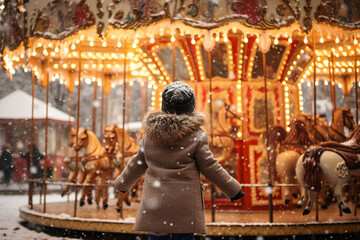 Excited little child looking at a carousel ride merry-go-round in amusement park during Christmas time. Family leisure with small kids in winter.