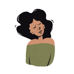 Smiling dreamy woman picture with long hair style in green blouse