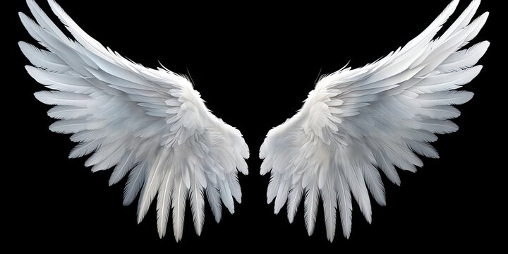 Wing of grace. Celestial dance of angels. Heavenly embrace. Angelic feathers in flight. Ethereal beauty. White wings on black background isolated