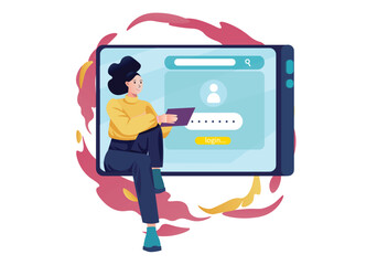 Login concept with people scene in the flat cartoon design. The girl remembers her login and password to access her social network account. Vector illustration.