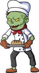 Spooky zombie chef cartoon character on white background