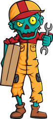 Spooky zombie mechanic cartoon character on white background