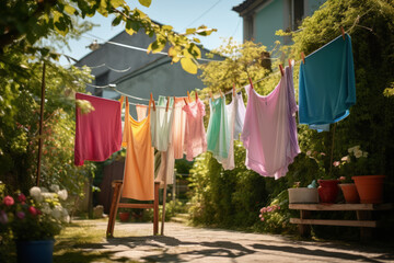 Colorful clothes laundry hanging on the clothline in the garden on bright and sunny summer day.
