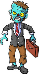 Spooky zombie businessman cartoon character on white background