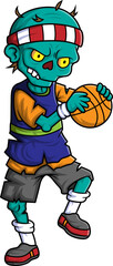 Spooky zombie basketball player cartoon character on white background