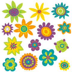 Set of primitive abstract colourful flowers on a white background