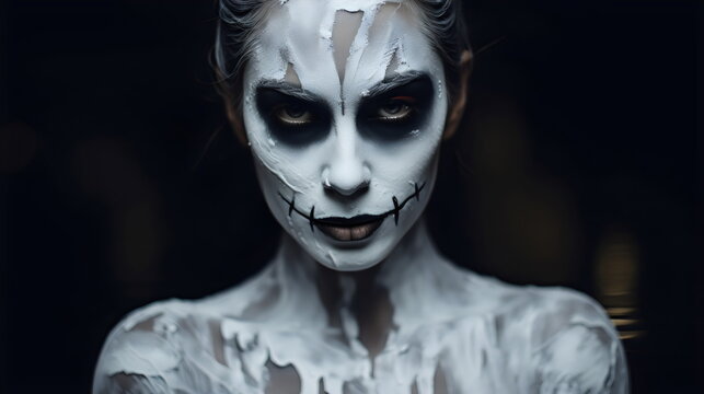 woman with spooky white ghost halloween makeup isolated on dark black background