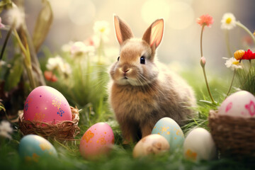Fototapeta premium Fluffy cute Easter rabbit sitting among flowers and colourful Easter eggs.