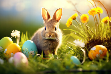 Fluffy cute Easter rabbit sitting among flowers and colourful Easter eggs.