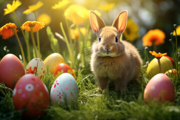 Fototapeta na wymiar Fluffy cute Easter rabbit sitting among flowers and colourful Easter eggs.
