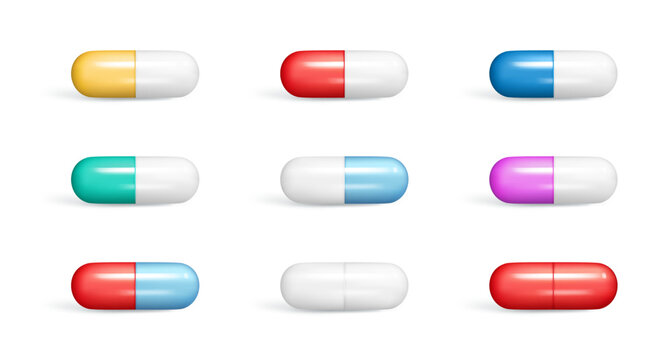 Realistic 3d set of glossy capsule pills. Cartoon 3d cylinder colorful pill, tablet icon, pharmaceutical capsule, medical drug, healthcare concept. Vector illustration isolated on white background