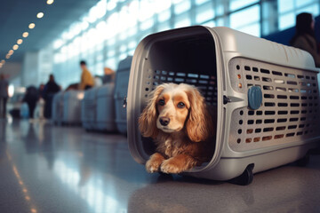 Small dog in a dog carrier in international airport. Transporting pets in airplane cargo.