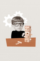 Creative banner collage photo of funny young nerd schoolboy playing jenga mechanism huge head pupil...