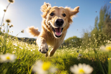 Friendly happy dog running at fast pace towards the camera in a blossoming flower meadow on sunny...
