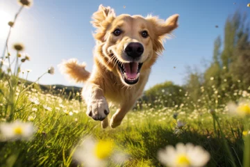 Foto auf Acrylglas Friendly happy dog running at fast pace towards the camera in a blossoming flower meadow on sunny summer day. Walking a dog outdoors. Super wide angle shot. © MNStudio