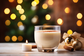 Traditional Christmas drink eggnog with grated nutmeg and cinnamon. Christmas lights in the background.