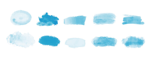 Abstract blue watercolor water splash set on a white background. Ink paint brush stain. Vector watercolour texture