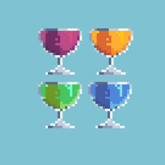 Pixel art sets of juice water in glass on pixelated style.red,yellow,green,and blue water,8bits perfect for game asset or design asset element for your game design asset.