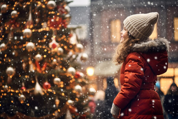 Beautiful girl having wonderful time on traditional Christmas market on winter evening. A child...