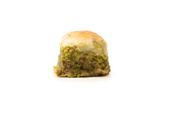 Turkish pistachio baklava isolated on white background.