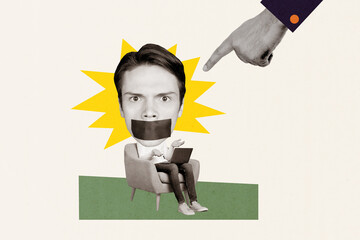 Composite creative photo collage of finger directing at speechless man sit with laptop got ban in...