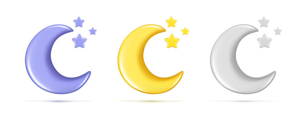 Realistic 3d colorful glossy Moon with stars. Decorative 3d half month symbol, crescent icon, cute dream cartoon element. Abstract vector illustration isolated on white background
