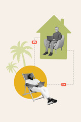 Collage of two coworkers online communicate chatting using laptops send message audio video content remote isolated on white background