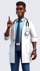 Cartoon 3D doctor character with a stethoscope pointing at something and smiling at the camera.