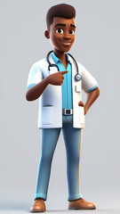 Cartoon 3D doctor character with a stethoscope pointing at something and smiling at the camera.