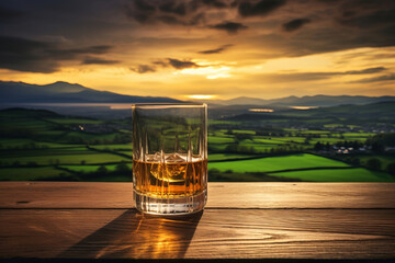 Strong alcoholic beverage on a background of Irish nature.