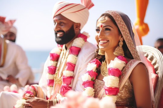 Indian bride and groom at amazing hindu wedding ceremony. Details of traditional indian wedding. Beautifully decorated hindu wedding accessories.