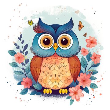 Watercolor illustration of a owl for children 